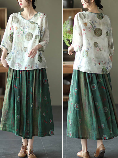 Plus Size Vintage Floral O-neck Women Ramie Shirt TY1049 Ada Fashion