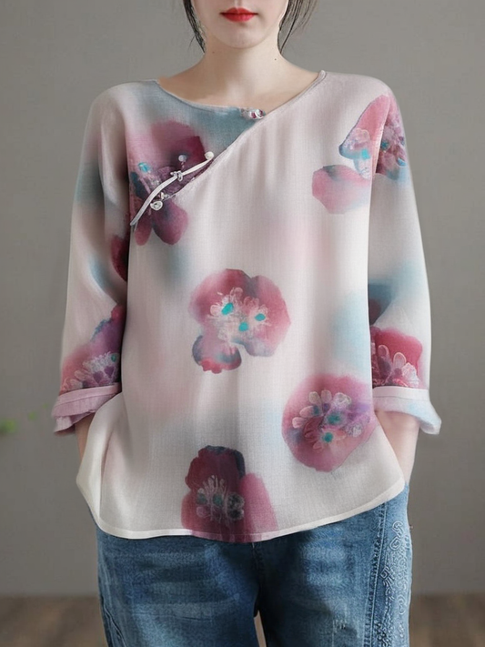 Grace Pink O Neck Print Chinese Button Linen Blouse Top Fall QB031 GSK-241025