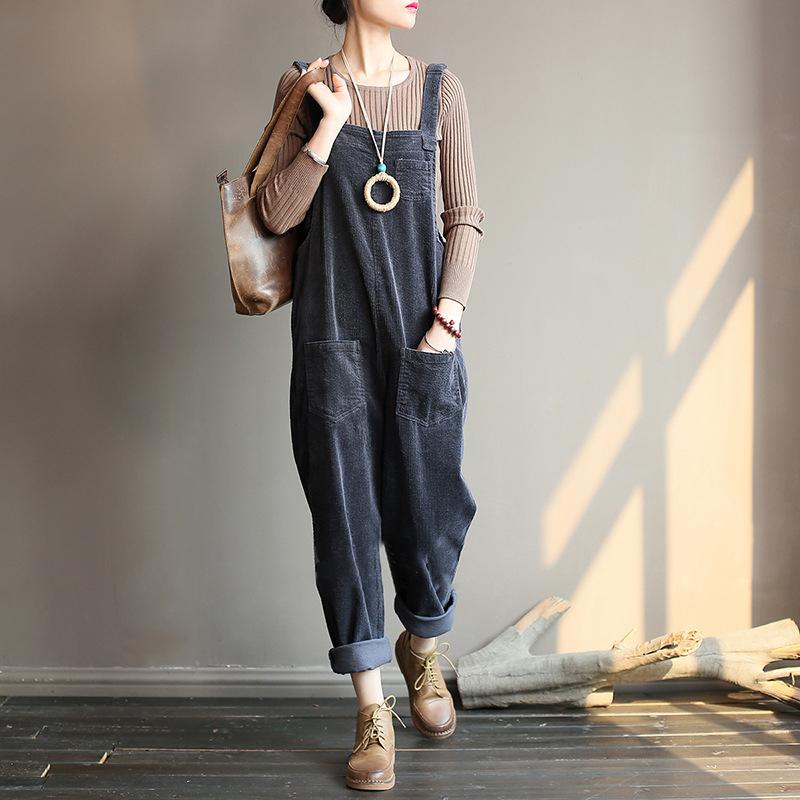 Plus Size - Vintage Women Corduroy Loose Overall OP1014 BK