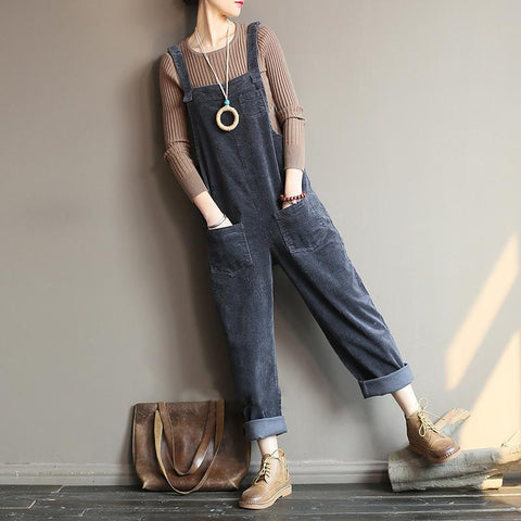 Plus Size - Vintage Women Corduroy Loose Overall OP1014 BK