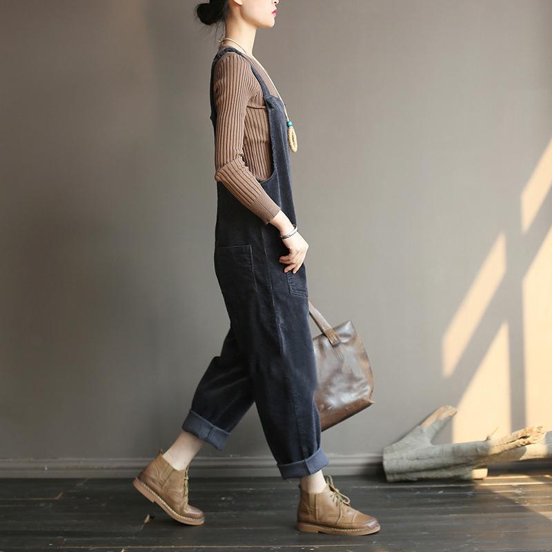 Plus Size - Vintage Women Corduroy Loose Overall OP1014 BK