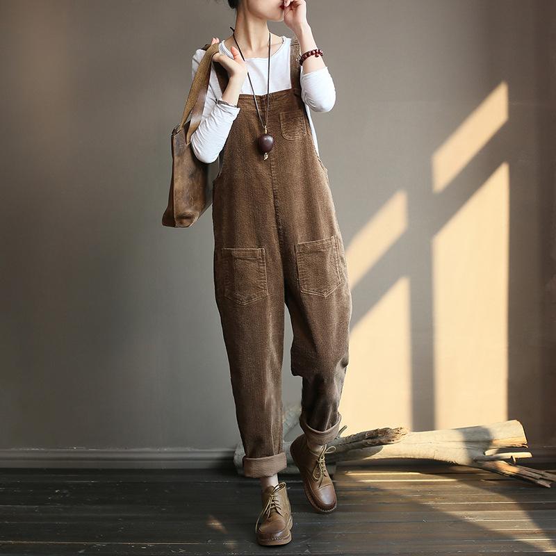 Plus Size - Vintage Women Corduroy Loose Overall OP1014 BK