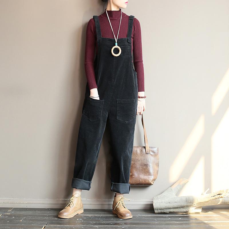 Plus Size - Vintage Women Corduroy Loose Overall OP1014 BK