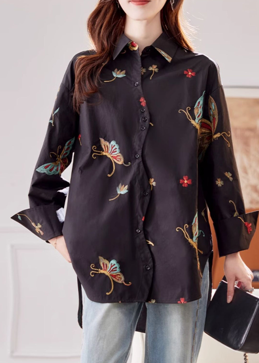 Flare Pan Sleeve Peter Cotton Shirts Print Collar Black Vogue FashionChic
