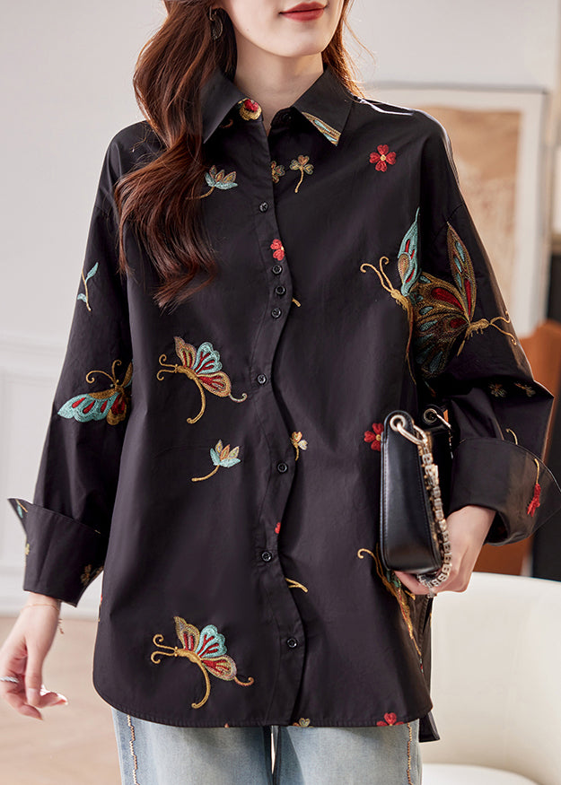 Flare Pan Sleeve Peter Cotton Shirts Print Collar Black Vogue FashionChic