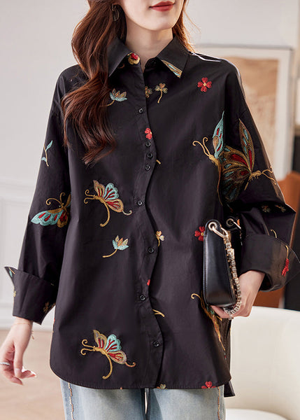 Flare Pan Sleeve Peter Cotton Shirts Print Collar Black Vogue FashionChic