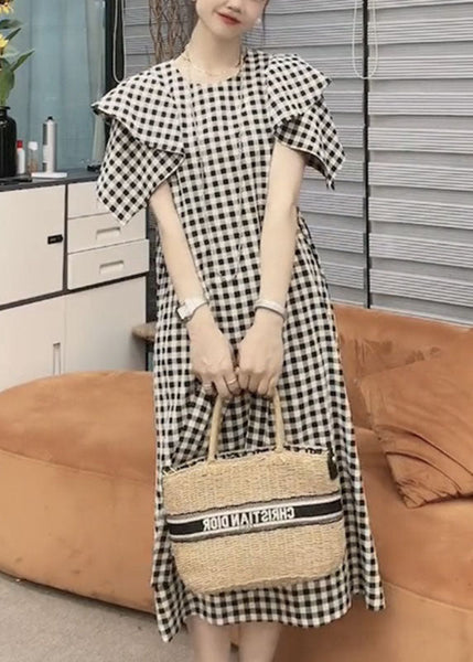 Vogue Black Plaid Tie Waist Long Dresses Short Sleeve VB1046 Ada Fashion