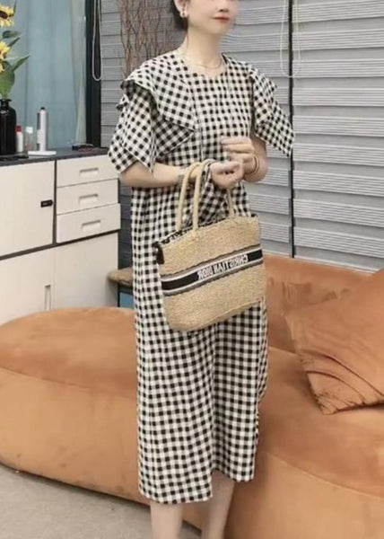 Vogue Black Plaid Tie Waist Long Dresses Short Sleeve VB1046 Ada Fashion