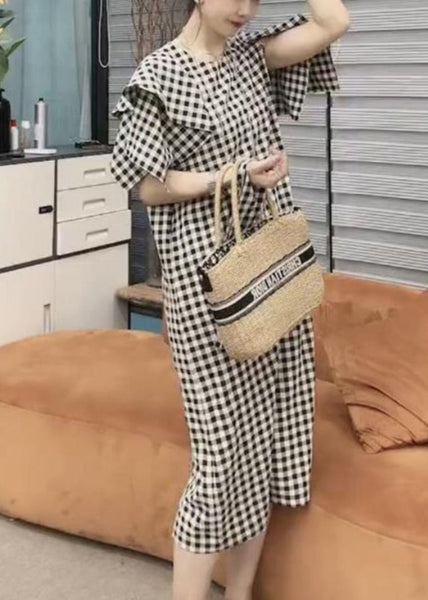 Vogue Black Plaid Tie Waist Long Dresses Short Sleeve VB1046 Ada Fashion