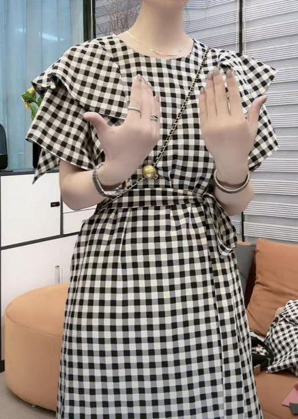 Vogue Black Plaid Tie Waist Long Dresses Short Sleeve VB1046 Ada Fashion