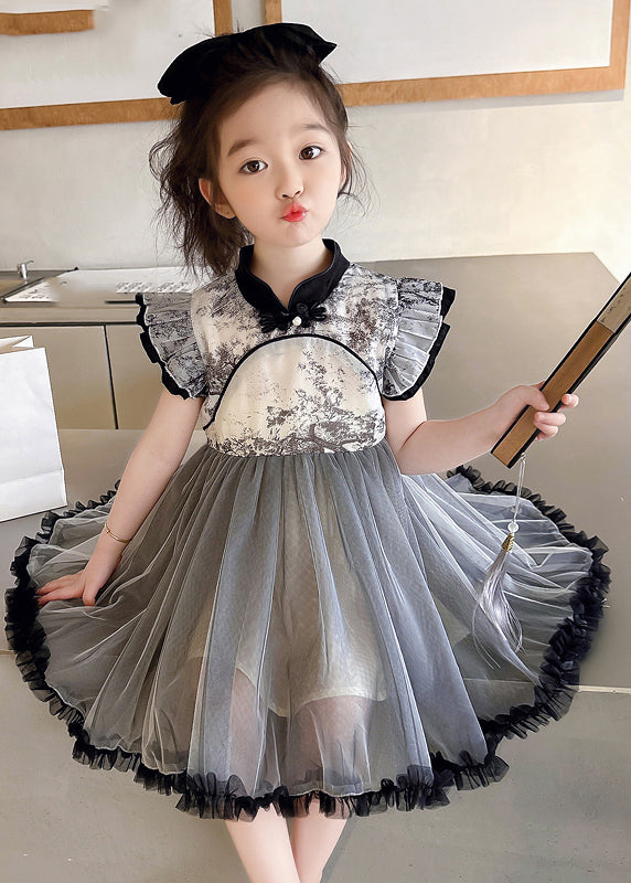 Vogue Black Stand Collar Ruffled Patchwork Tulle Kids Long Dresses Sleeveless MN032 MM-RCTZ-SDGL240701