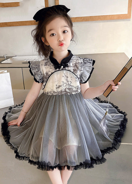 Vogue Black Stand Collar Ruffled Patchwork Tulle Kids Long Dresses Sleeveless MN032 MM-RCTZ-SDGL240701
