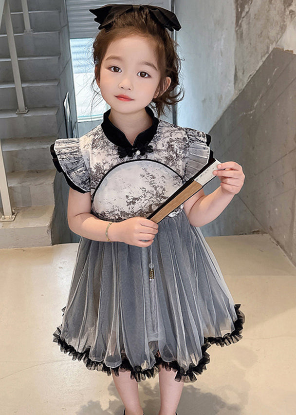 Vogue Black Stand Collar Ruffled Patchwork Tulle Kids Long Dresses Sleeveless MN032 MM-RCTZ-SDGL240701
