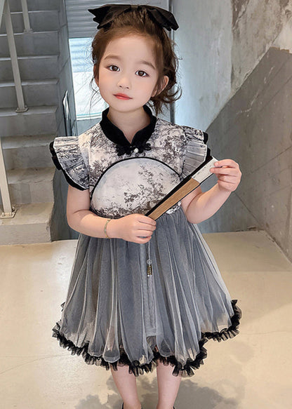 Vogue Black Stand Collar Ruffled Patchwork Tulle Kids Long Dresses Sleeveless MN032 MM-RCTZ-SDGL240701