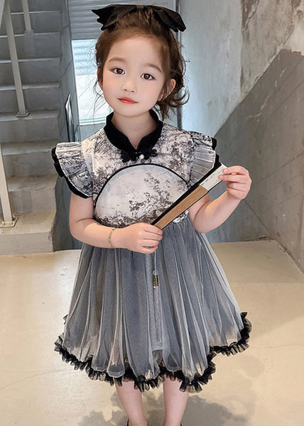 Vogue Black Stand Collar Ruffled Patchwork Tulle Kids Long Dresses Sleeveless MN032 MM-RCTZ-SDGL240701