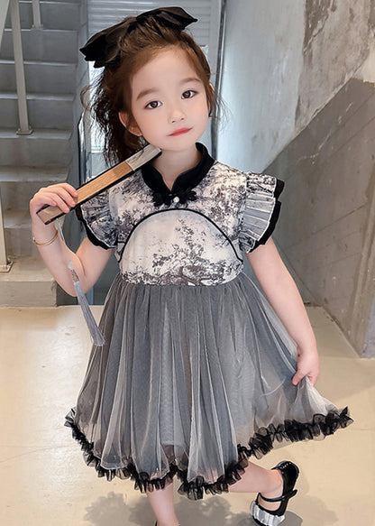 Vogue Black Stand Collar Ruffled Patchwork Tulle Kids Long Dresses Sleeveless MN032 MM-RCTZ-SDGL240701