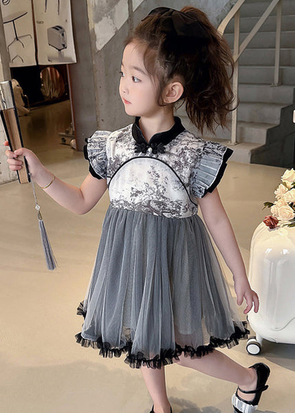 Vogue Black Stand Collar Ruffled Patchwork Tulle Kids Long Dresses Sleeveless MN032 MM-RCTZ-SDGL240701