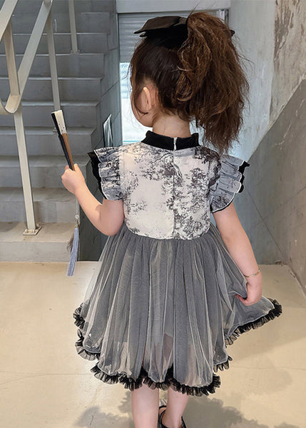 Vogue Black Stand Collar Ruffled Patchwork Tulle Kids Long Dresses Sleeveless MN032 MM-RCTZ-SDGL240701