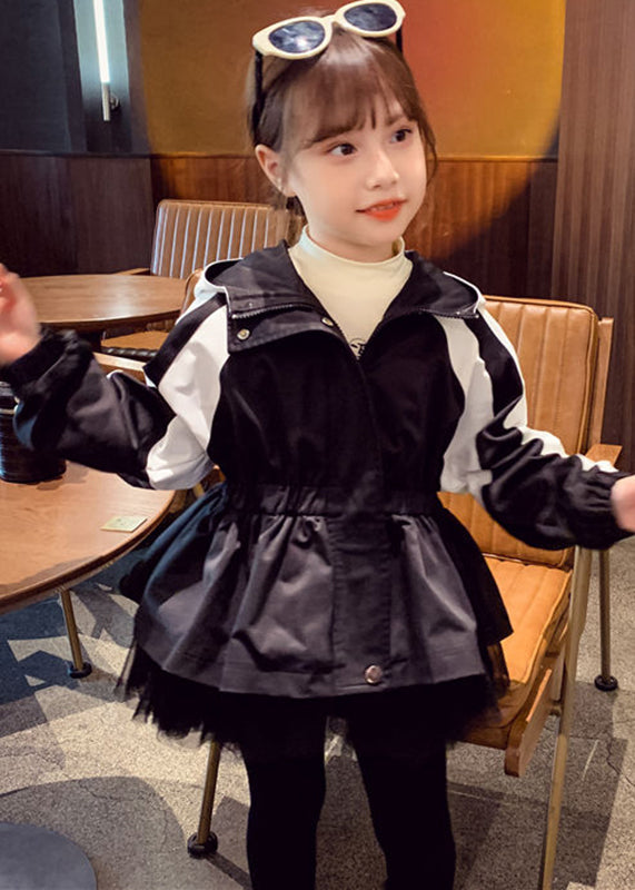 Vogue Black Tulle Wrinkled Patchwork Girls Hoodie Coat Fall QV029 MM-RCTZCGTS241026