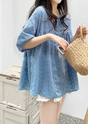 Vogue Blue Embroidered Button Shirt Short Sleeve BV033 MZF-STP240702