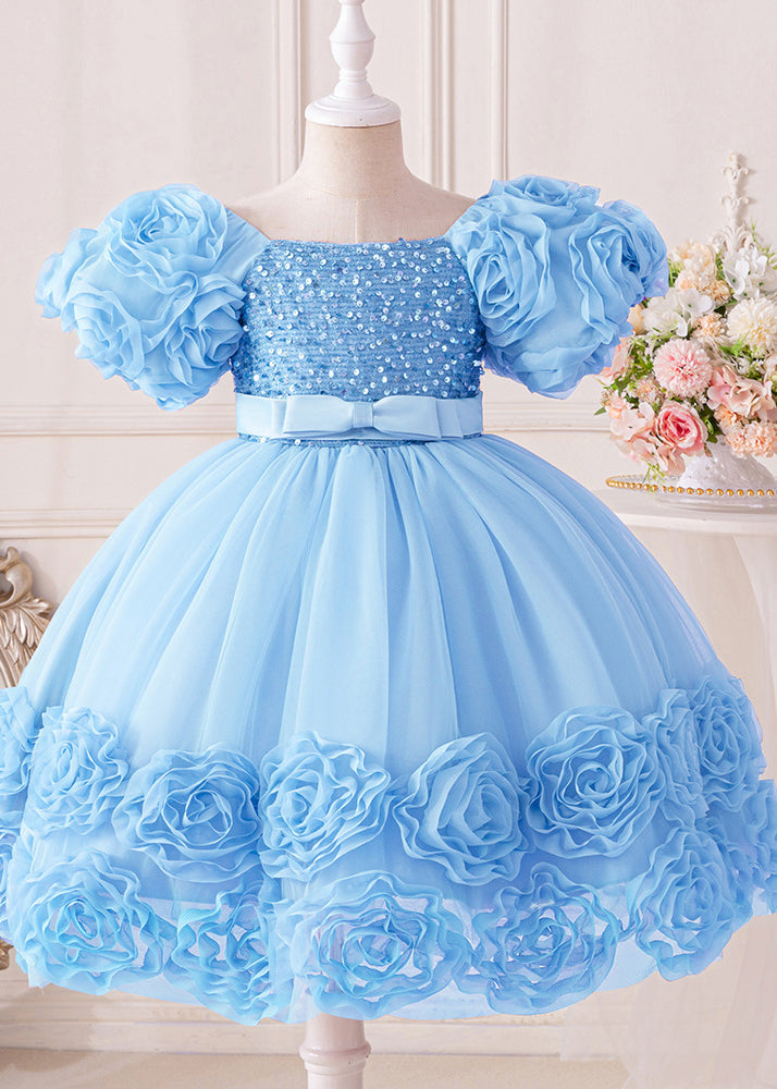 Vogue Blue Sequins Patchwork Tulle Girls Mid Dresses Short Sleeve EW017 WS-JRTZSDM240810