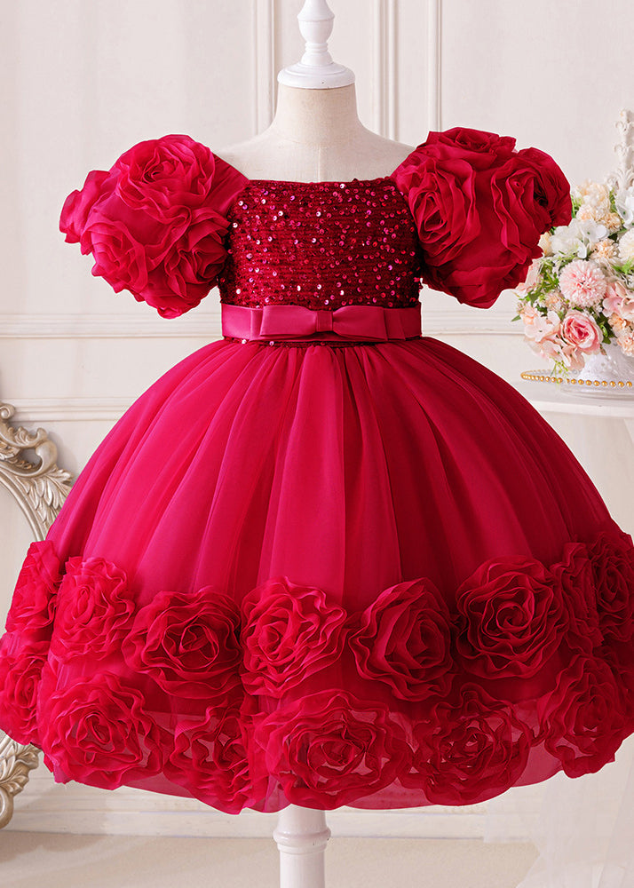 Vogue Blue Sequins Patchwork Tulle Girls Mid Dresses Short Sleeve EW017 WS-JRTZSDM240810