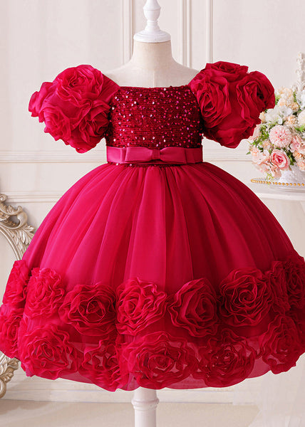 Vogue Blue Sequins Patchwork Tulle Girls Mid Dresses Short Sleeve EW017 WS-JRTZSDM240810