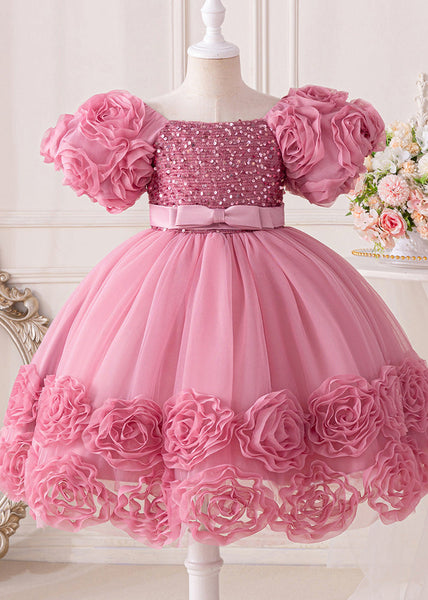 Vogue Blue Sequins Patchwork Tulle Girls Mid Dresses Short Sleeve EW017 WS-JRTZSDM240810