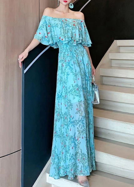 Chiffon Neck Vogue Dresses Slash Blue Summer Vacation FashionChic