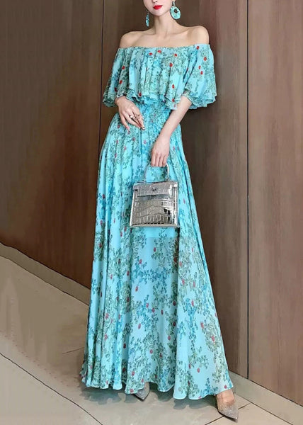 Chiffon Neck Vogue Dresses Slash Blue Summer Vacation FashionChic