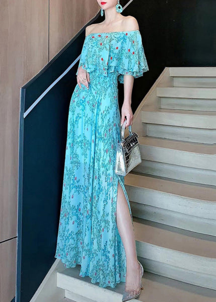 Chiffon Neck Vogue Dresses Slash Blue Summer Vacation FashionChic