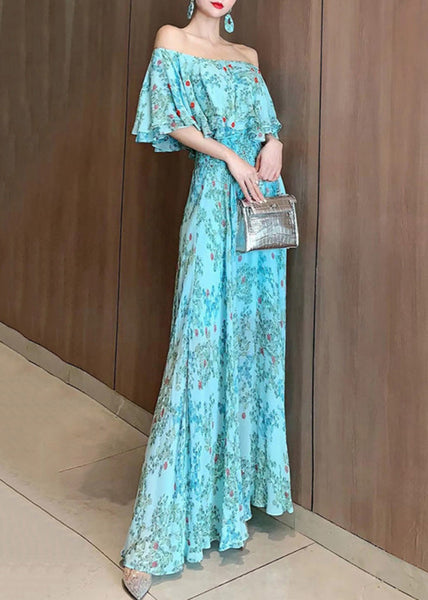 Chiffon Neck Vogue Dresses Slash Blue Summer Vacation FashionChic