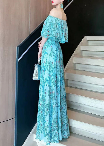 Chiffon Neck Vogue Dresses Slash Blue Summer Vacation FashionChic