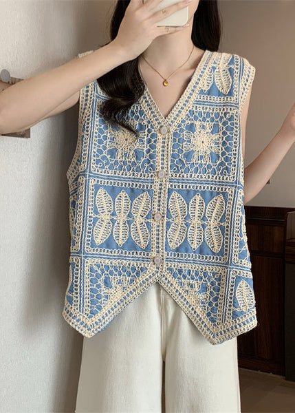 Waistcoat Blue Vest Sleeveless Patchwork Lace Vogue Neck V FashionChic