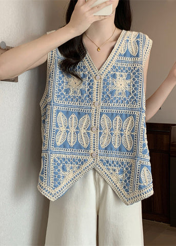 Waistcoat Blue Vest Sleeveless Patchwork Lace Vogue Neck V FashionChic
