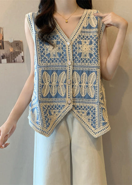 Waistcoat Blue Vest Sleeveless Patchwork Lace Vogue Neck V FashionChic