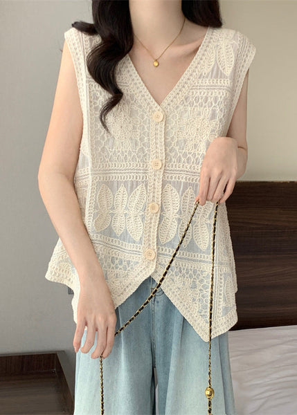 Waistcoat Blue Vest Sleeveless Patchwork Lace Vogue Neck V FashionChic