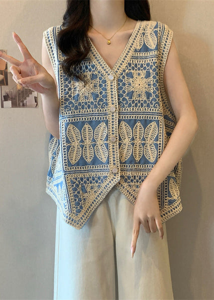 Waistcoat Blue Vest Sleeveless Patchwork Lace Vogue Neck V FashionChic