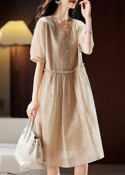 Vogue Champagne Ruffled V Neck Lace Patchwork Maxi Dresses Summer WW046 OL-SDL240812