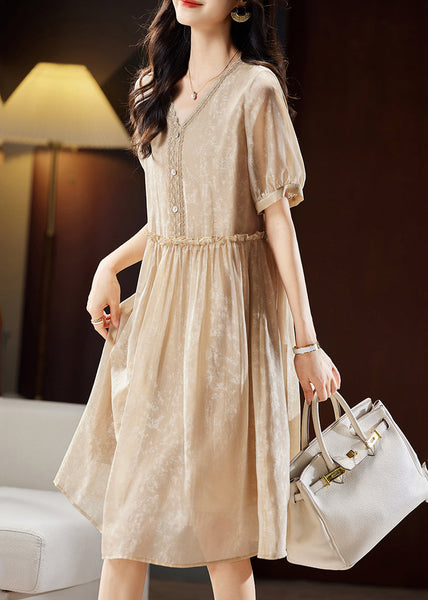 Vogue Champagne Ruffled V Neck Lace Patchwork Maxi Dresses Summer WW046 OL-SDL240812