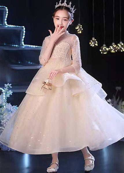 Vogue Champagne V Neck Sequins Patchwork Tulle Girls Long Dress Sleeveless XZ038 SDGL240618