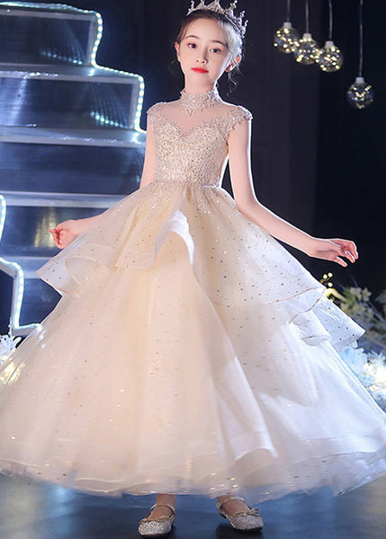 Vogue Champagne V Neck Sequins Patchwork Tulle Girls Long Dress Sleeveless XZ038 SDGL240618