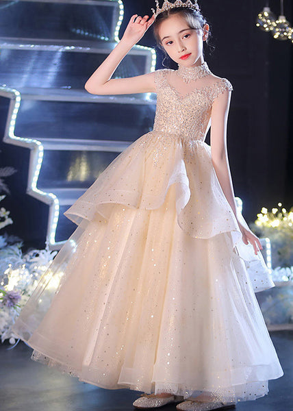 Vogue Champagne V Neck Sequins Patchwork Tulle Girls Long Dress Sleeveless XZ038 SDGL240618