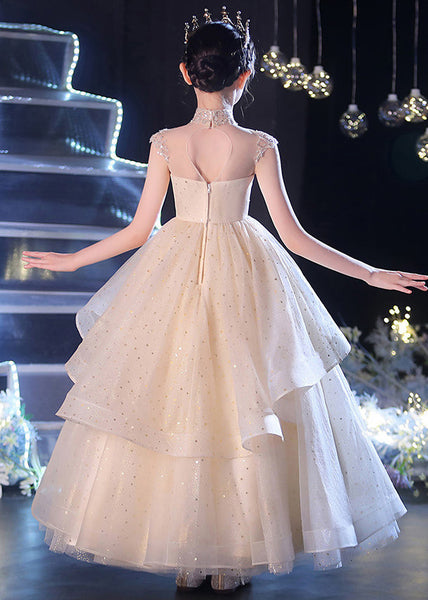 Vogue Champagne V Neck Sequins Patchwork Tulle Girls Long Dress Sleeveless XZ038 SDGL240618