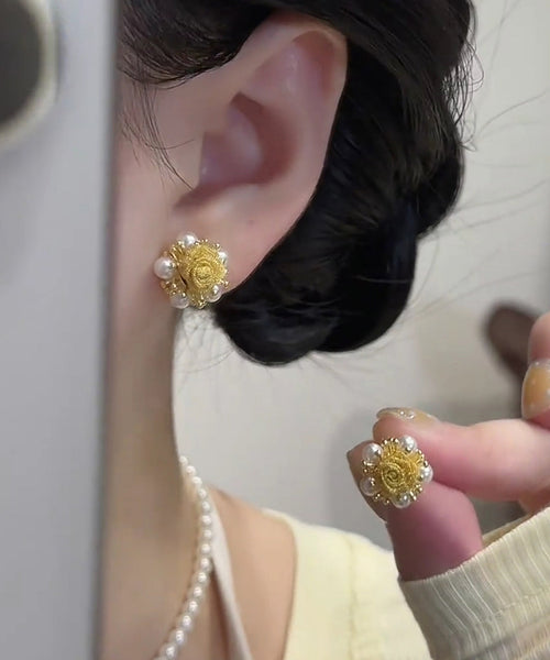 Gold Copper Graphic Stud Alloy Earrings Pearl Vogue FashionChic