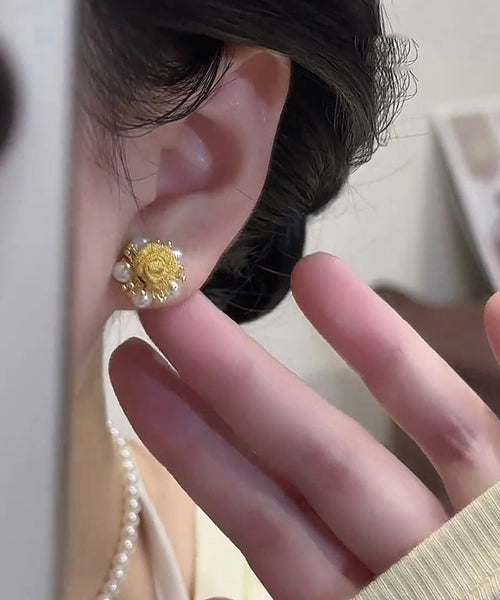 Gold Copper Graphic Stud Alloy Earrings Pearl Vogue FashionChic