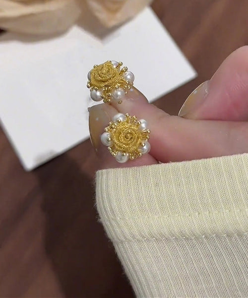 Gold Copper Graphic Stud Alloy Earrings Pearl Vogue FashionChic