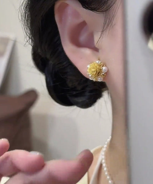 Gold Copper Graphic Stud Alloy Earrings Pearl Vogue FashionChic