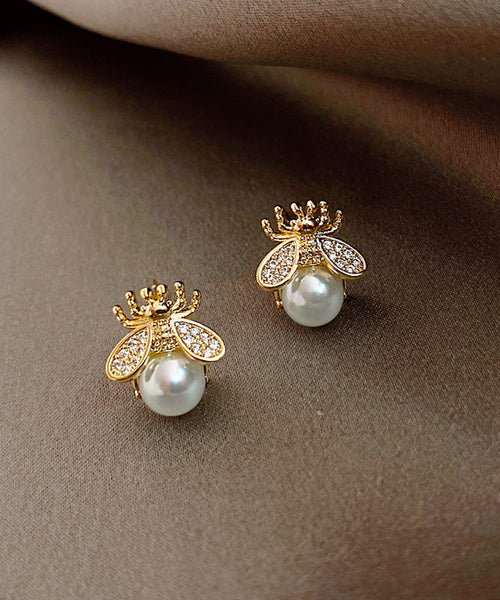 Vogue Gold Copper Overgild Bee Pearl Stud Earrings YD033 ABC
