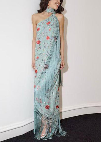 Cotton Vogue Dresses Tasseled Maxi Asymmetrical Print Green FashionChic